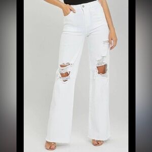 White Distressed High-Waist Wide Leg Jeans